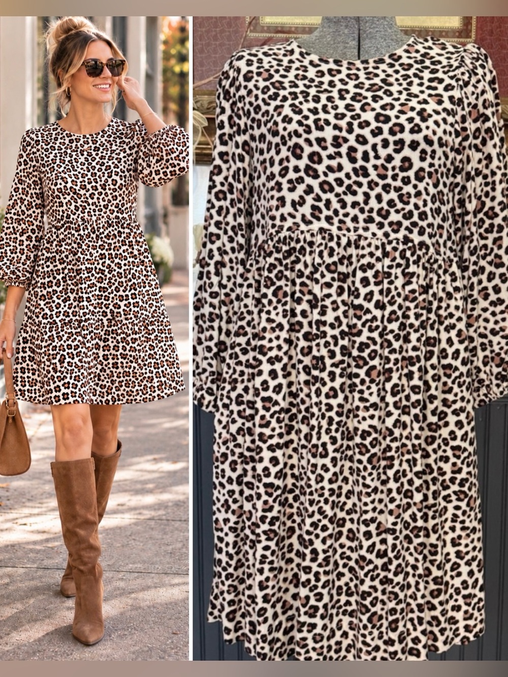 Uncle Frank Leopard Print Puff Sleeve Babydoll Midi Dress Sz XS ๐๐